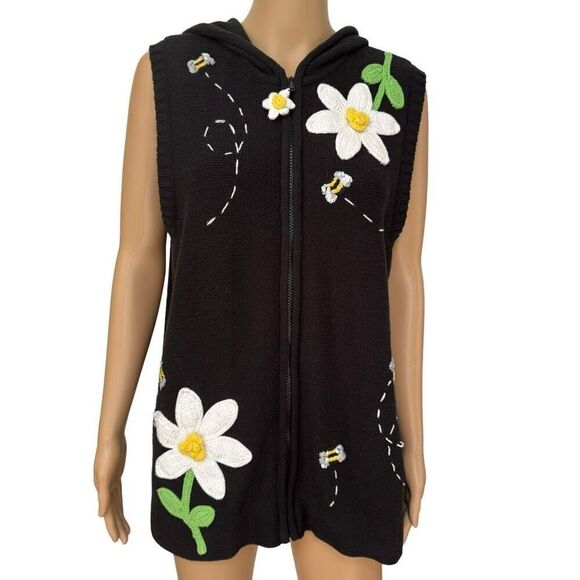 Quacker Factory Black Daisy Bees Honey Floral Zip-Up Hooded Vest cardigan size L - Picture 1 of 7